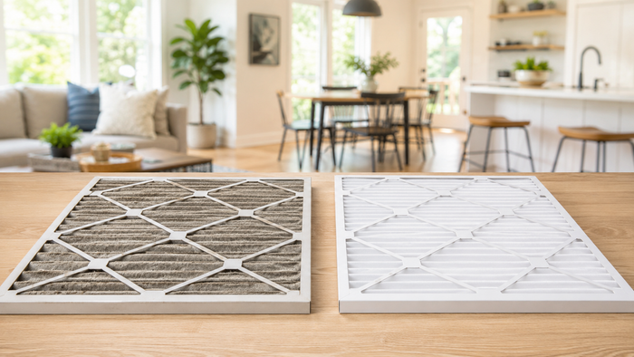 Dirty air filter next to a clean replacement filter showing why regular air filter changes matter