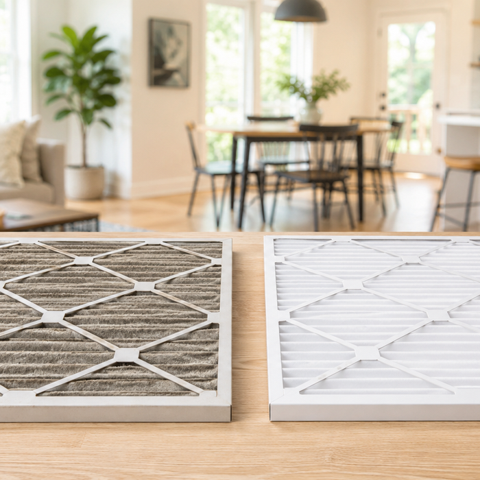Dirty air filter next to a clean replacement filter showing why regular air filter changes matter