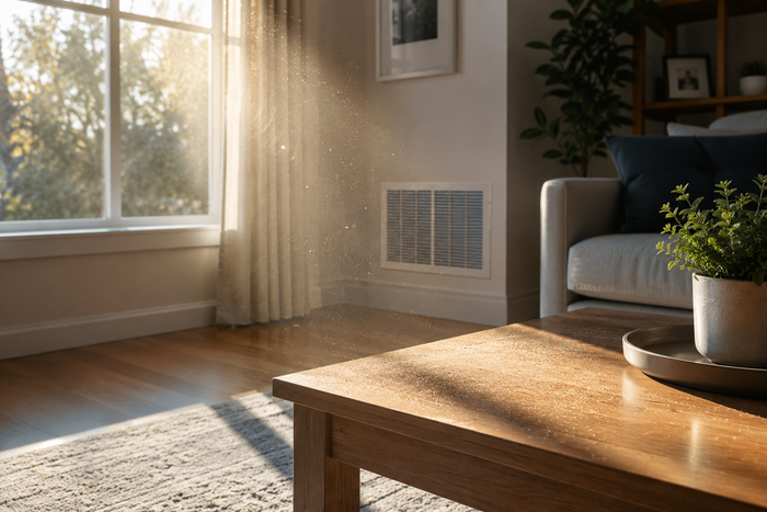 Dust particles in sunlight near a clean home air filter