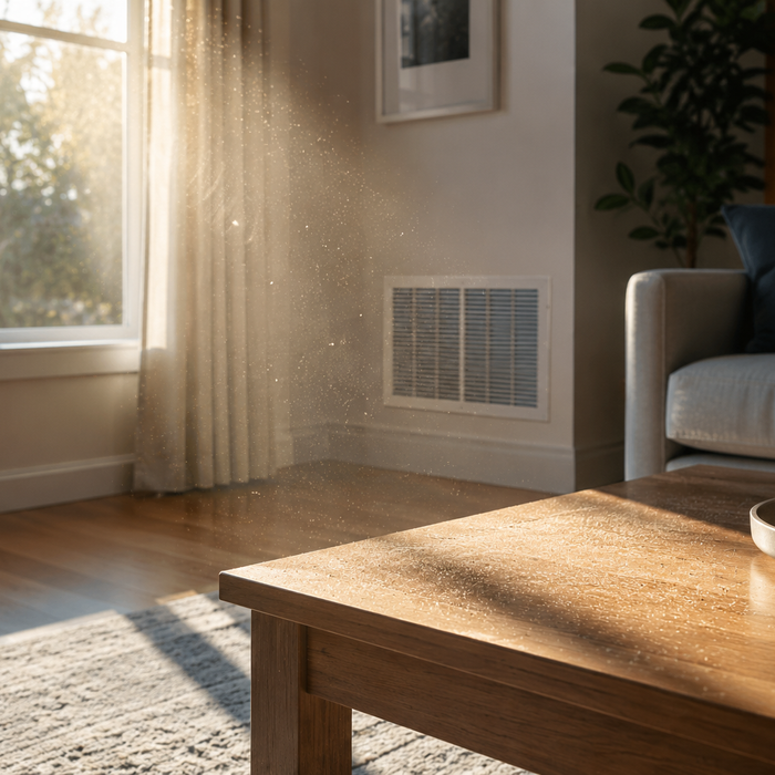 Dust particles in sunlight near a clean home air filter