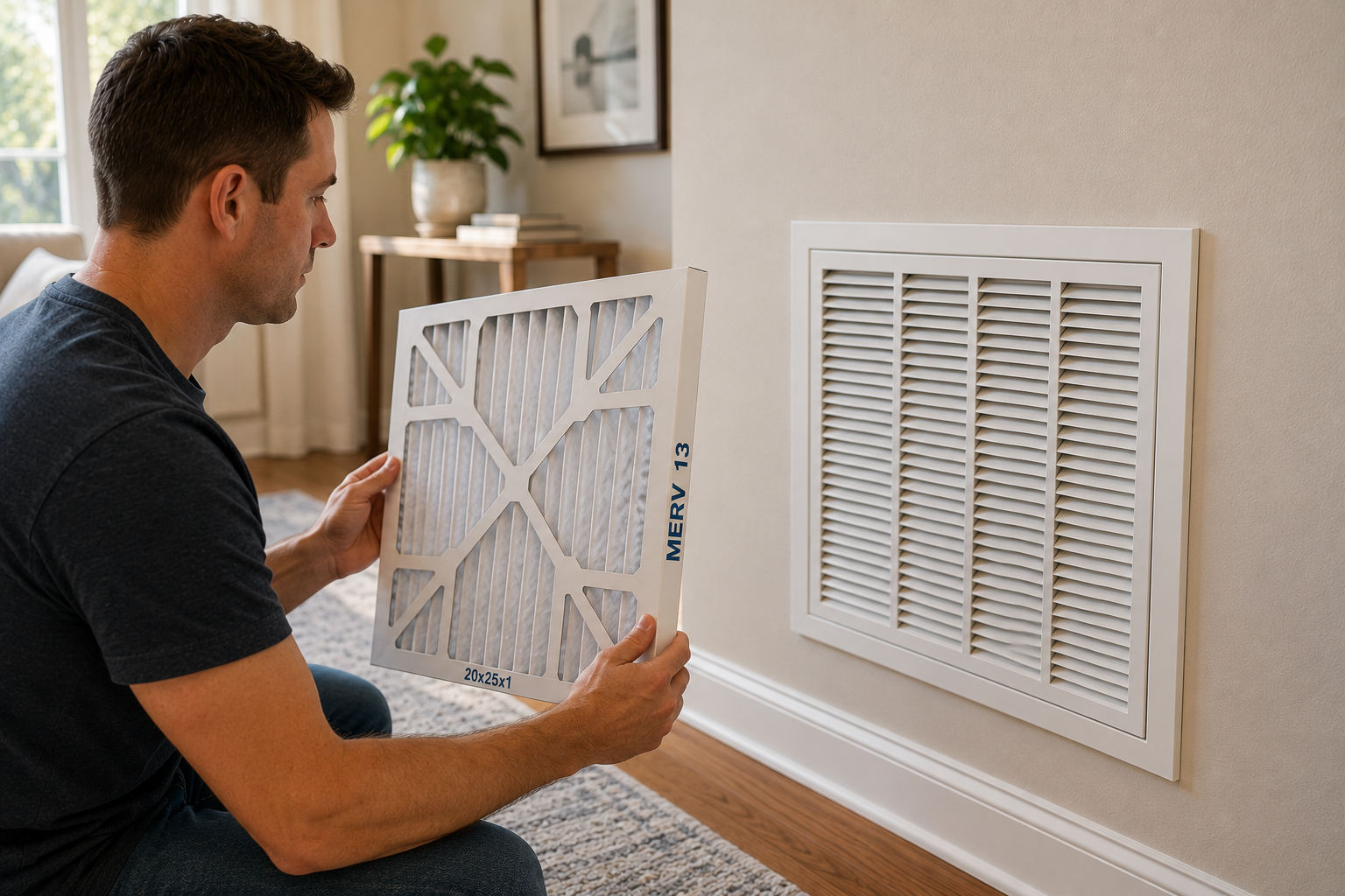 A man examining a MERV 13 air filter before installing it in a return grille