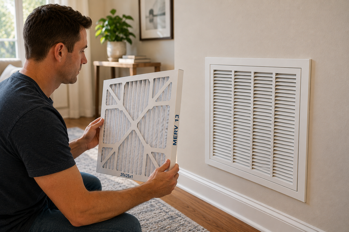 A man examining a MERV 13 air filter before installing it in a return grille