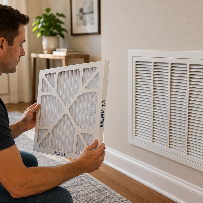 A man examining a MERV 13 air filter before installing it in a return grille