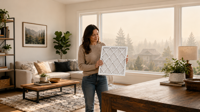 MERV 13 air filter being held inside a home with wildfire smoke haze visible outside the window