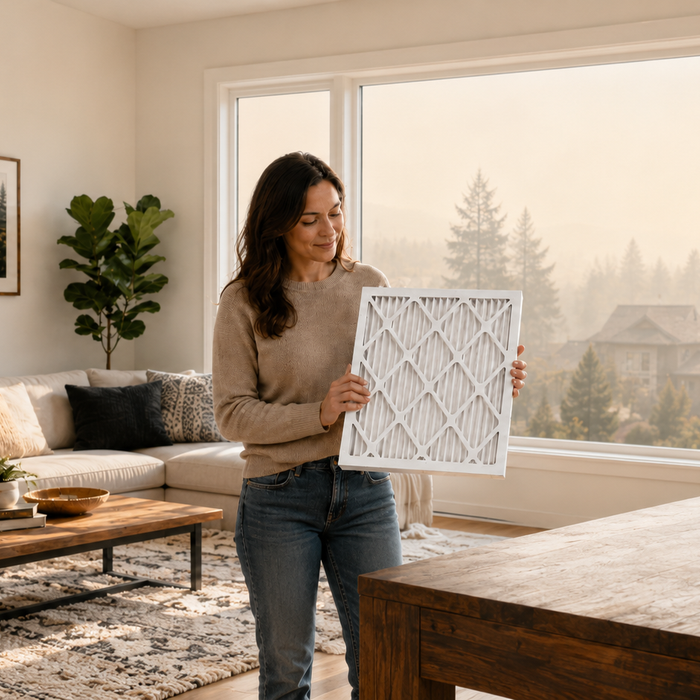 MERV 13 air filter being held inside a home with wildfire smoke haze visible outside the window