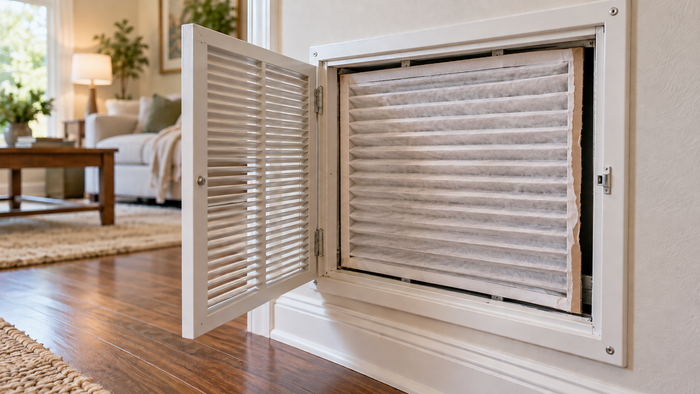 Measuring an air filter with a tape measure before ordering the correct replacement size