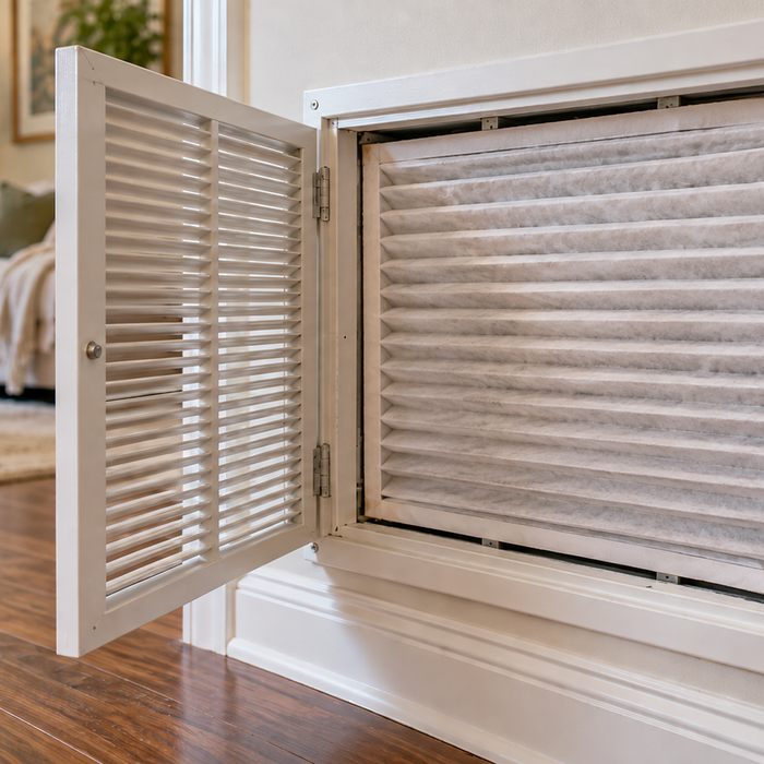 Measuring an air filter with a tape measure before ordering the correct replacement size