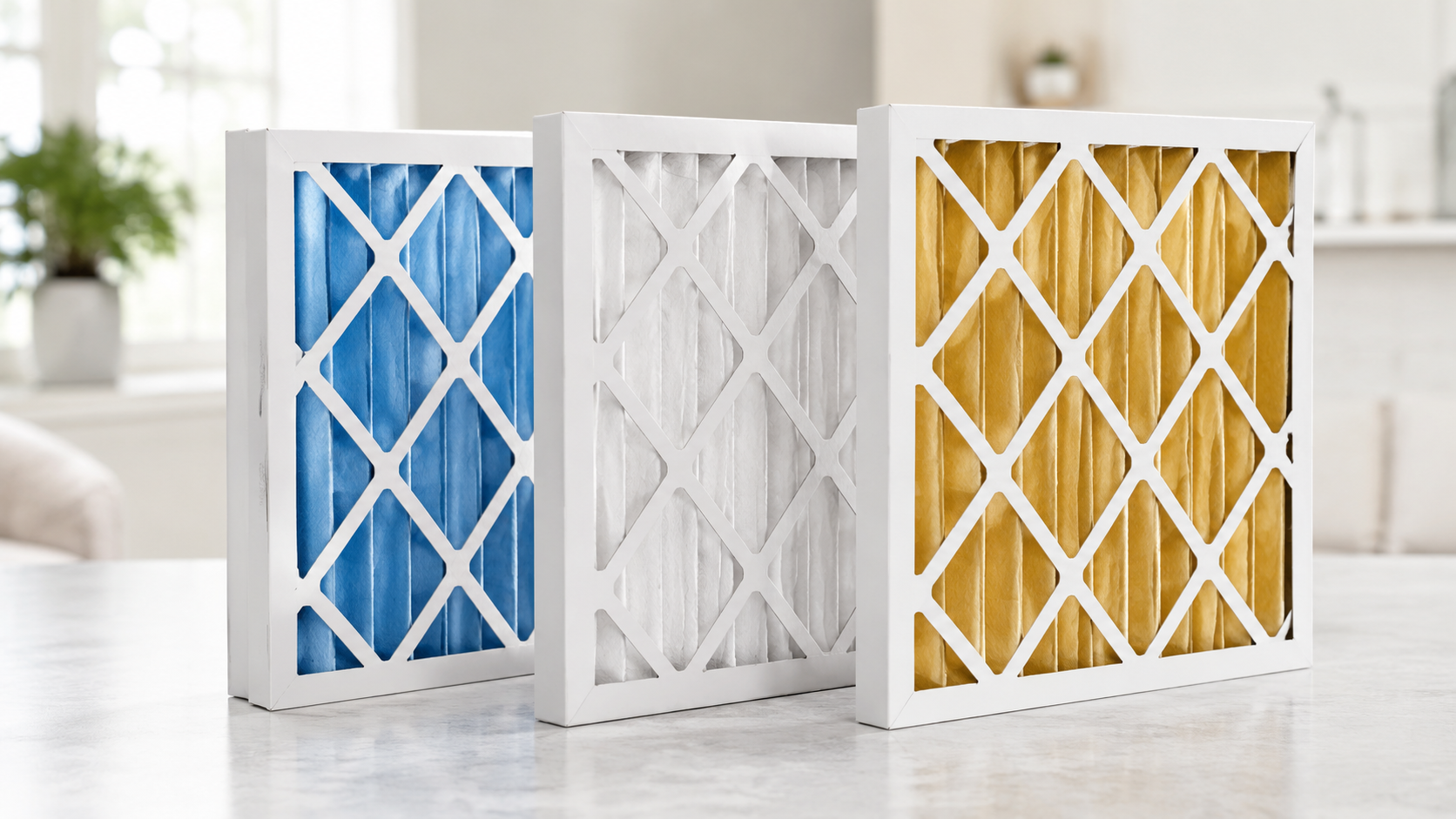 Three pleated air filters with blue, white, and gold media showing different home air filter options