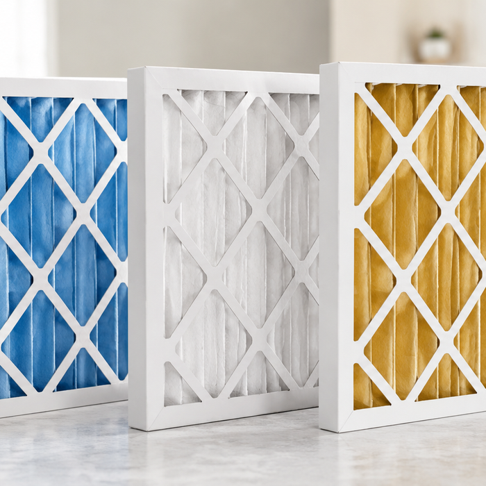 Three pleated air filters with blue, white, and gold media showing different home air filter options