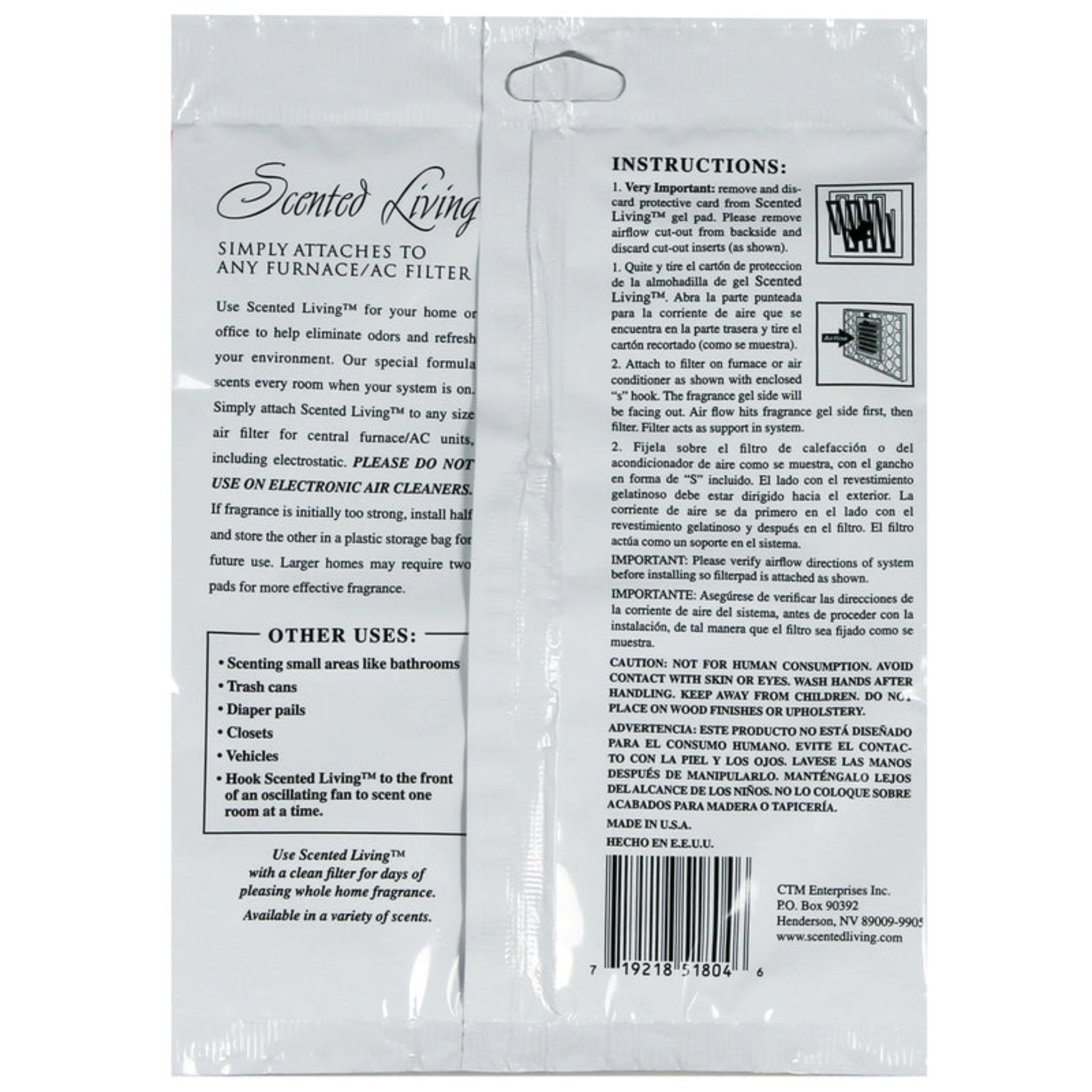 Back of a Scented Living product packaging with instructions and usage details.