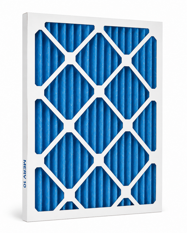 Blue and white air filter with MERV 10 label on a white background