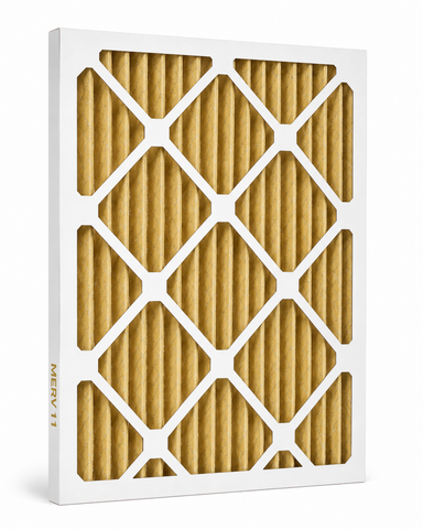 MERV 11 air filter with gold pleated material and white frame on a white background