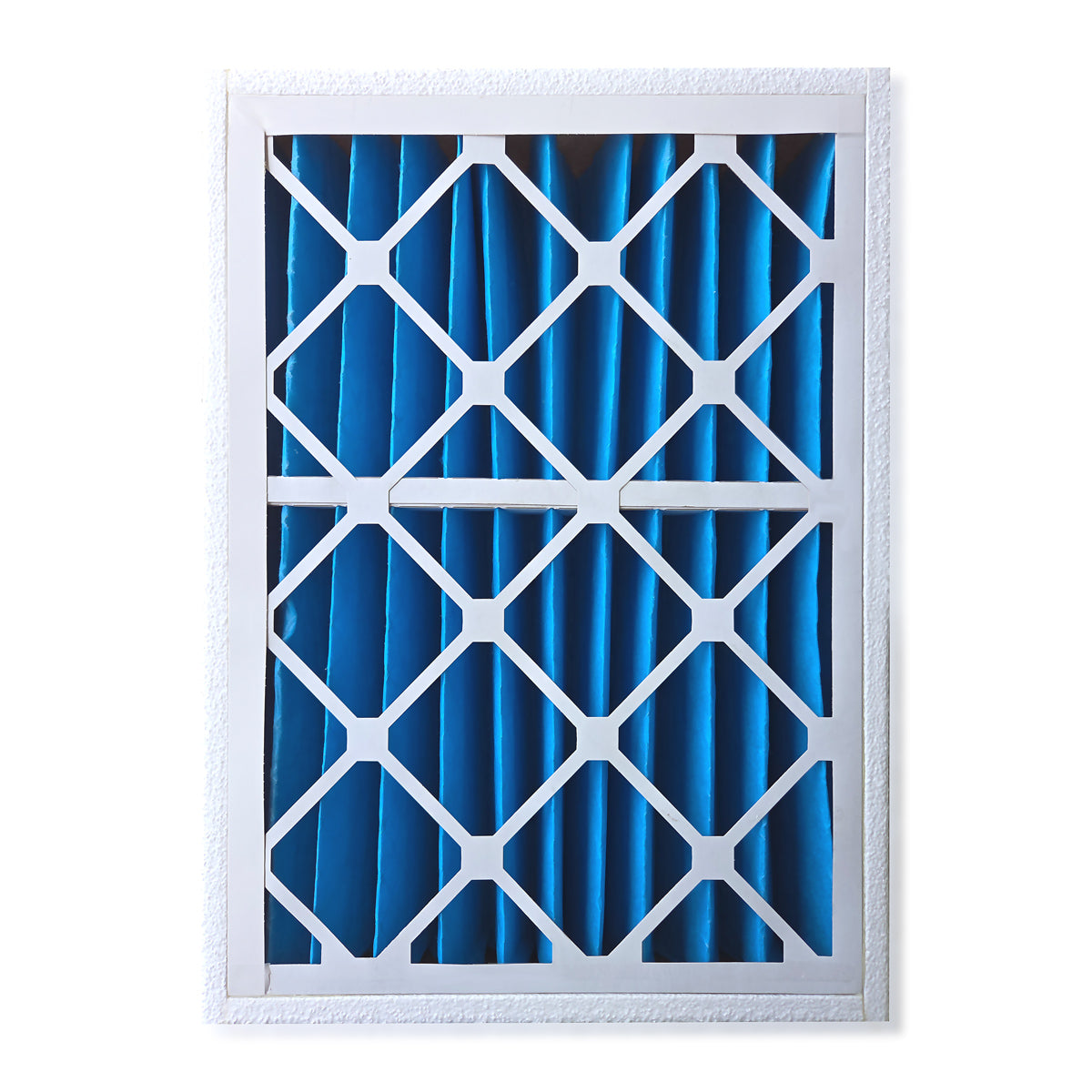 Air filter with blue pleated media and white frame on a white background