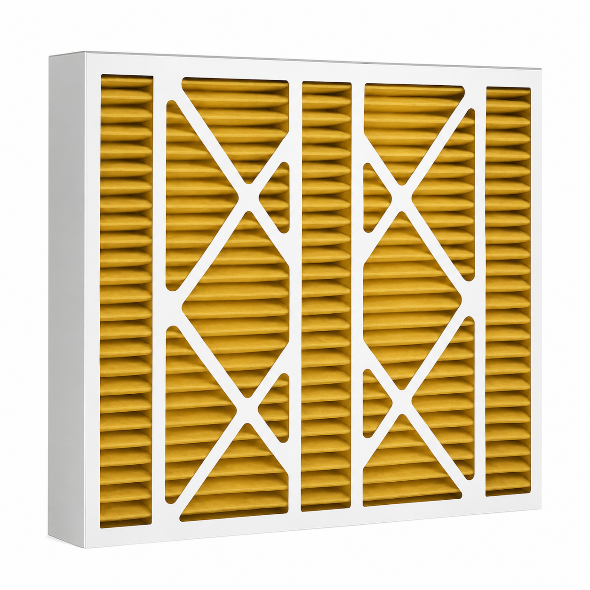 A whole house air filter with beverage frame and pleated filter material. 