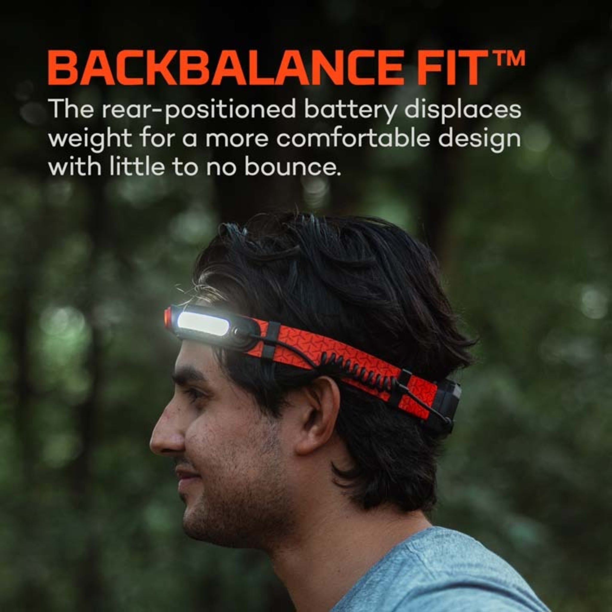 Person wearing a red and black headlamp with 'Backbalance Fit' text overlay.