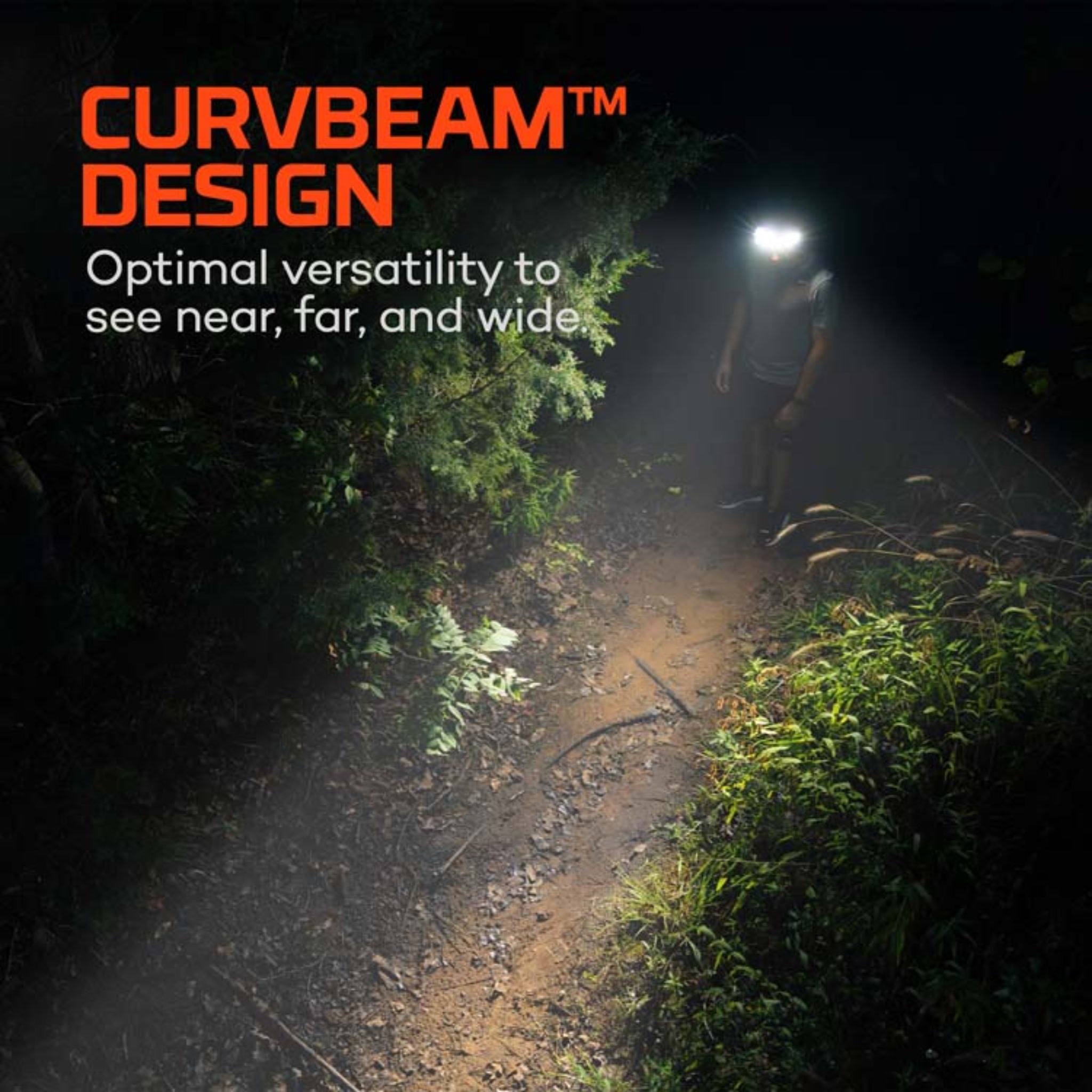 Person walking on a trail at night with a headlamp, featuring 'Curvbeam Design' text.
