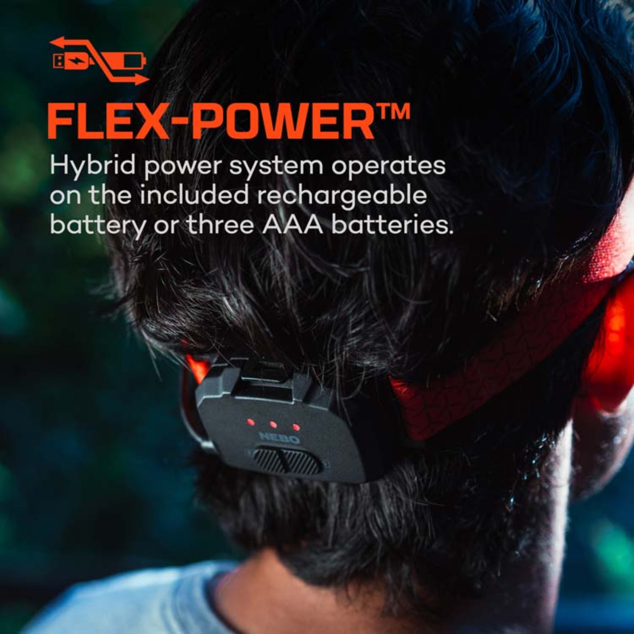 Person wearing a headlamp with Flex-Power hybrid power system text overlay