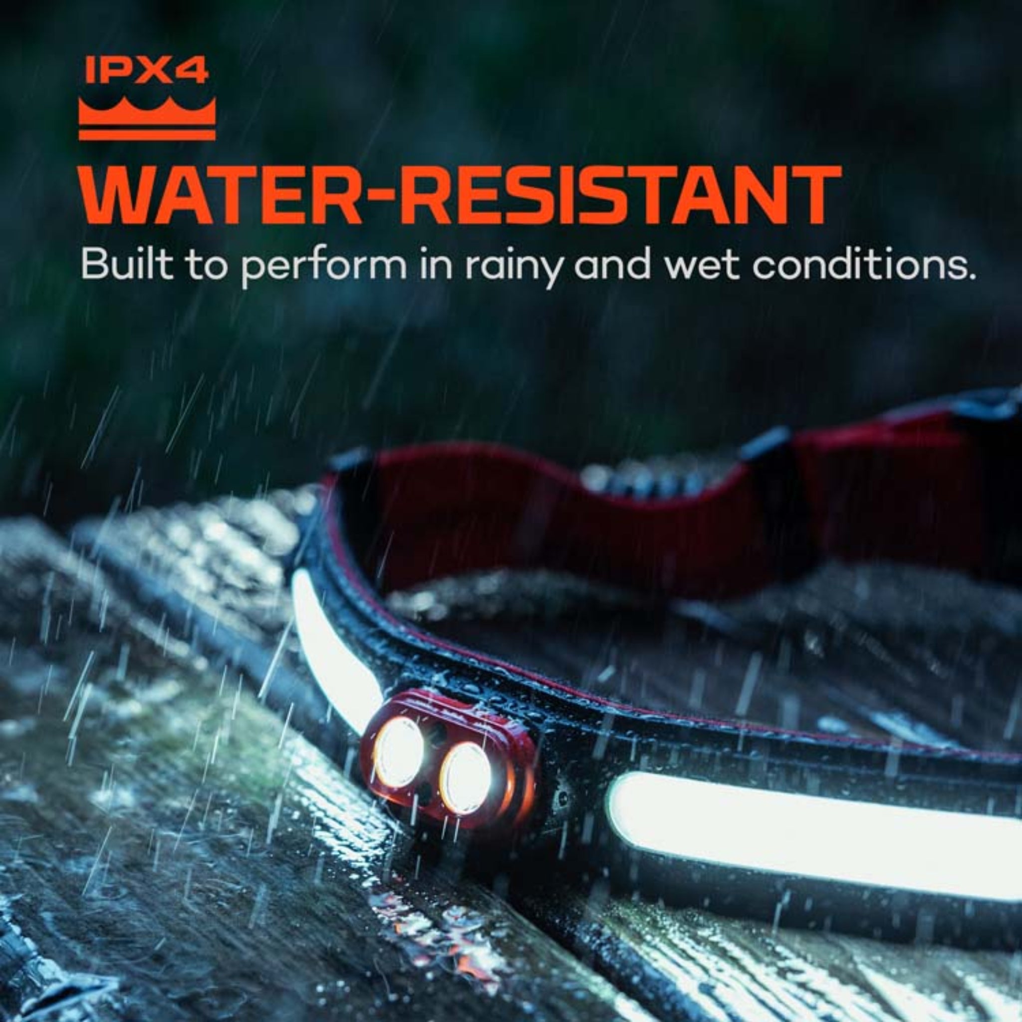 Headlamp with water-resistant feature in a rainstorm, featuring IPX4 rating.
