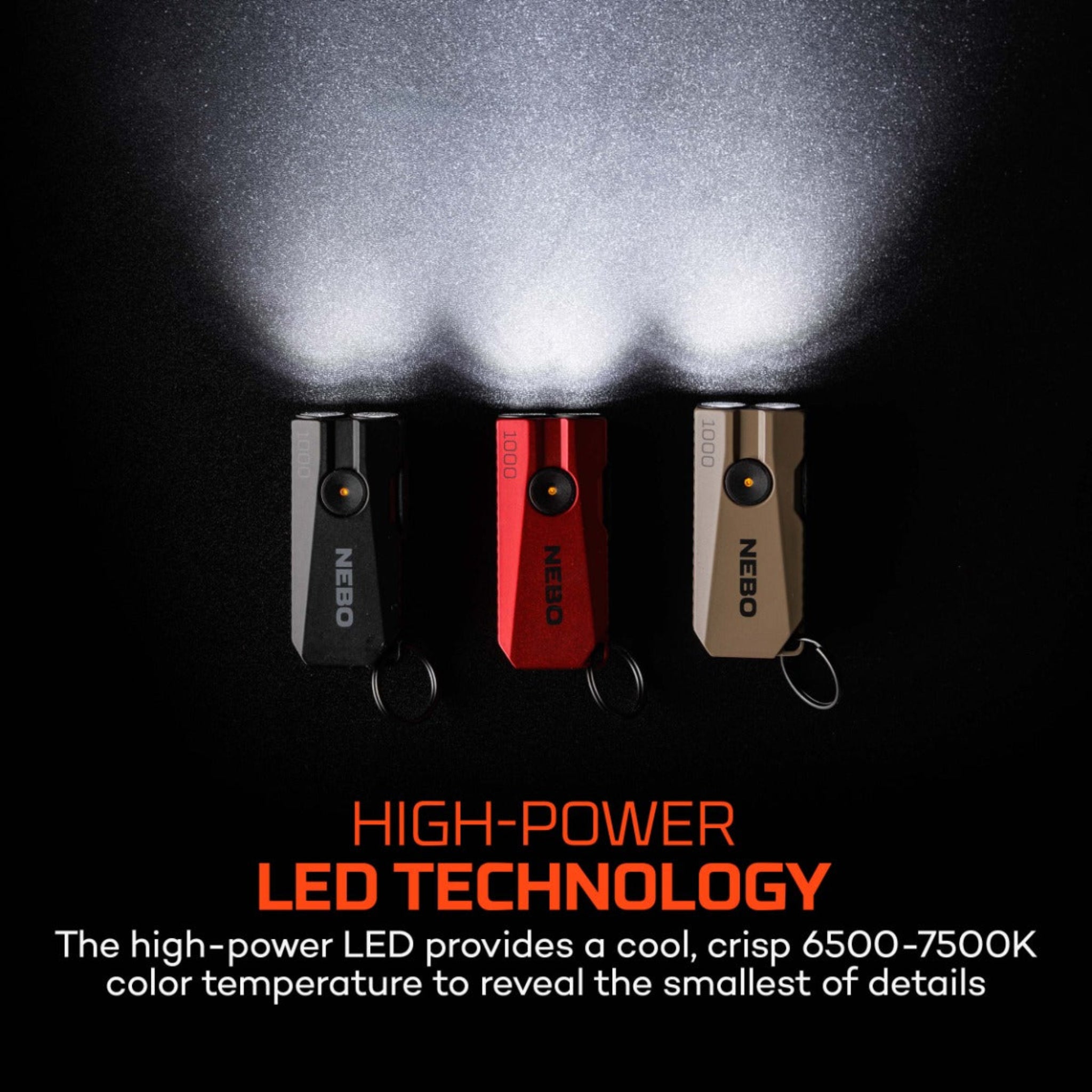 Three NEBO flashlights in black, red, and gold on a dark background with text about high-power LED technology.