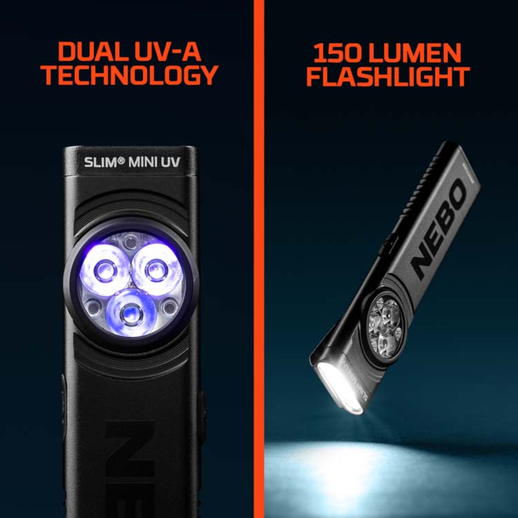 Two flashlights with 'Dual UV-A Technology' and '150 Lumen Flashlight' text on a dark background.
