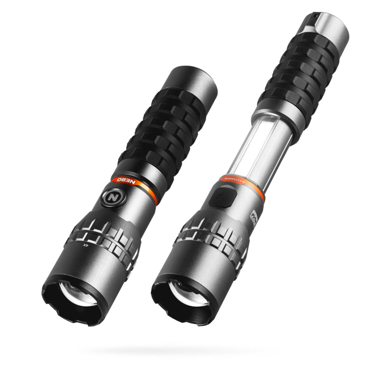 Two flashlights with black and silver design on a white background