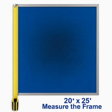 Blue bulletin board with a silver frame and yellow measuring tape indicating dimensions.