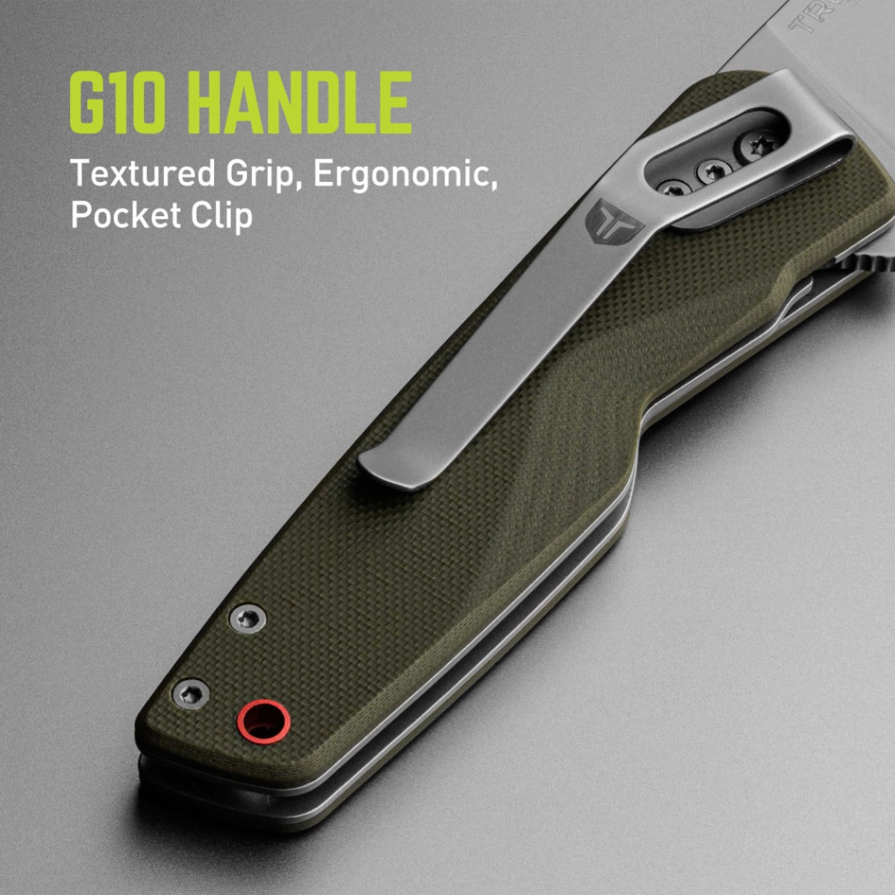 Folding knife with G10 handle on a gray background